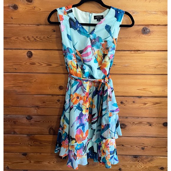 Tahari asl Blue Floral Chiffon Dress Ruffles Sleeveless SIZE 4P belted - Picture 1 of 6